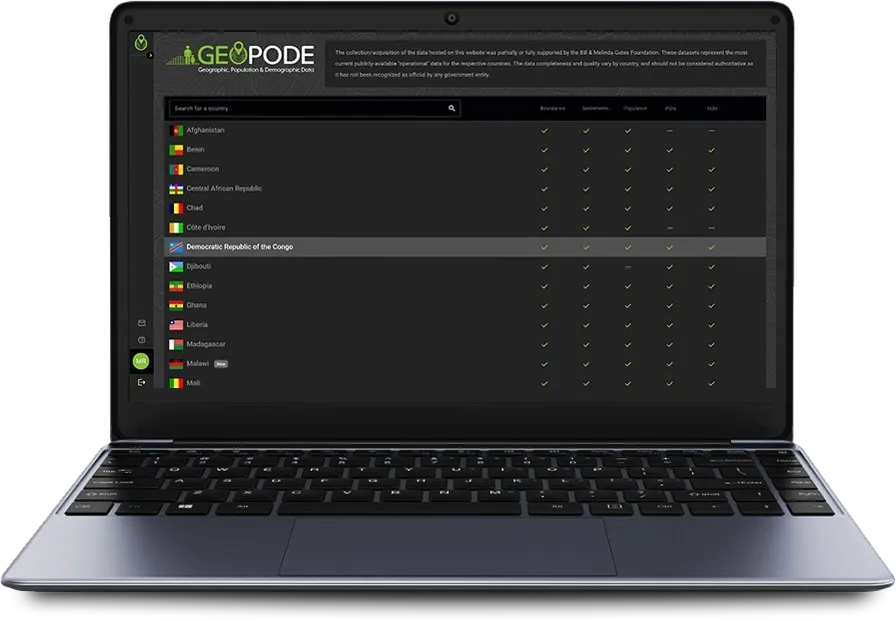 Geopode dashboard and list of countries
