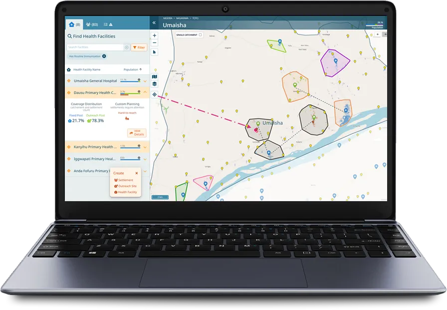 Geospatial Microplanning Toolkit - GMT view of mobile outreach and health facilities