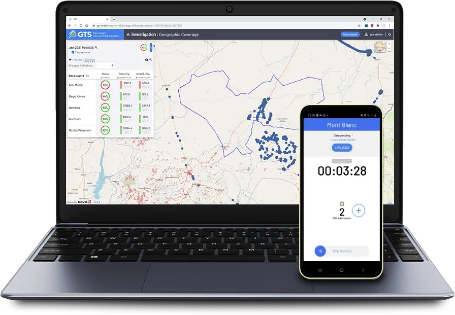 GTS task management dashboard for coordinating global health interventions through tracking, and mapping of routine immunization covered areas